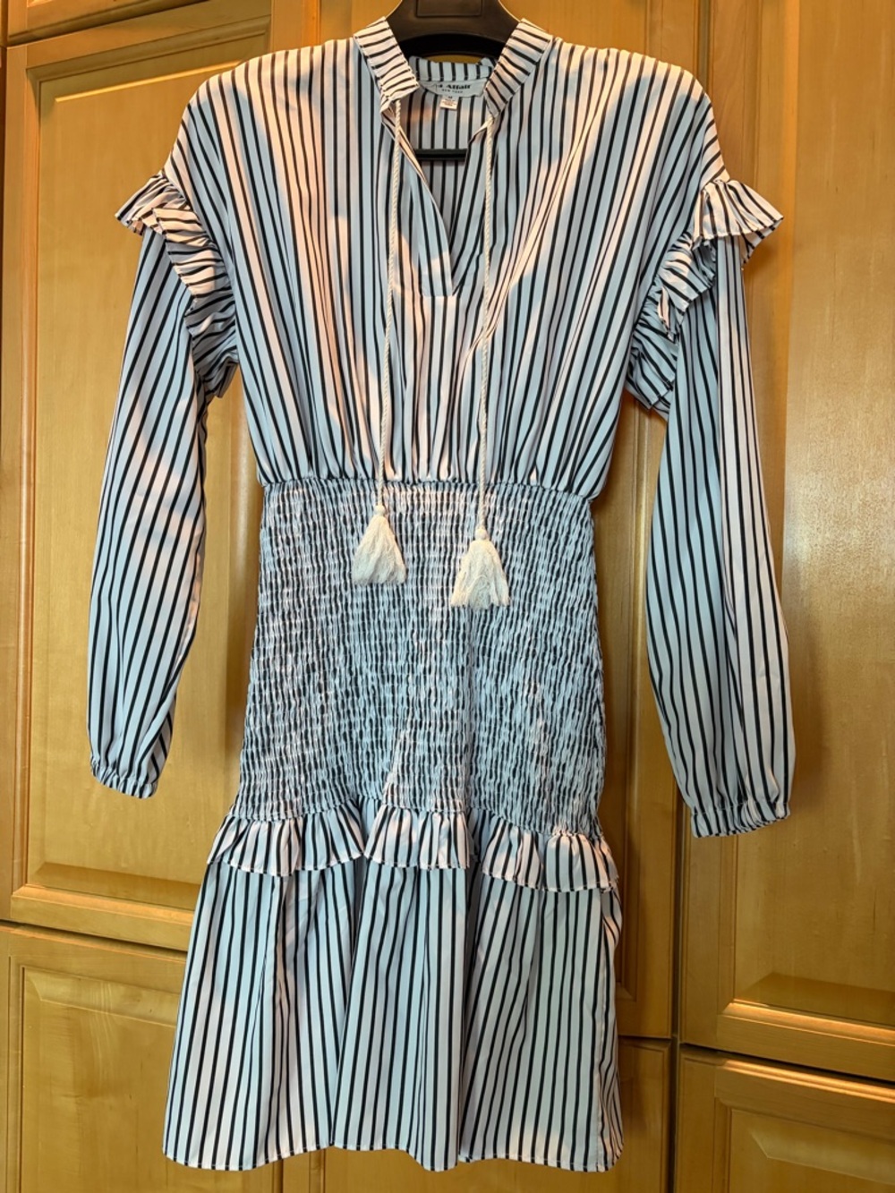 HL Affair White and Black Striped Smocked Mini Dress